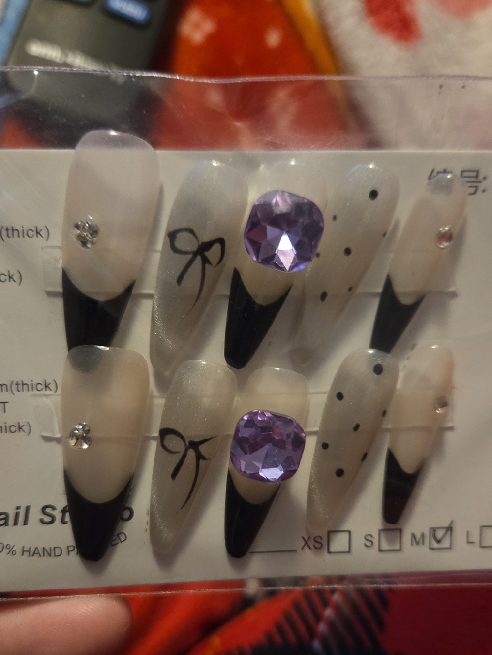 ♥️2 For $25♥️Neutral Stiletto Press-On Nails with Black Tips & Purple Gems